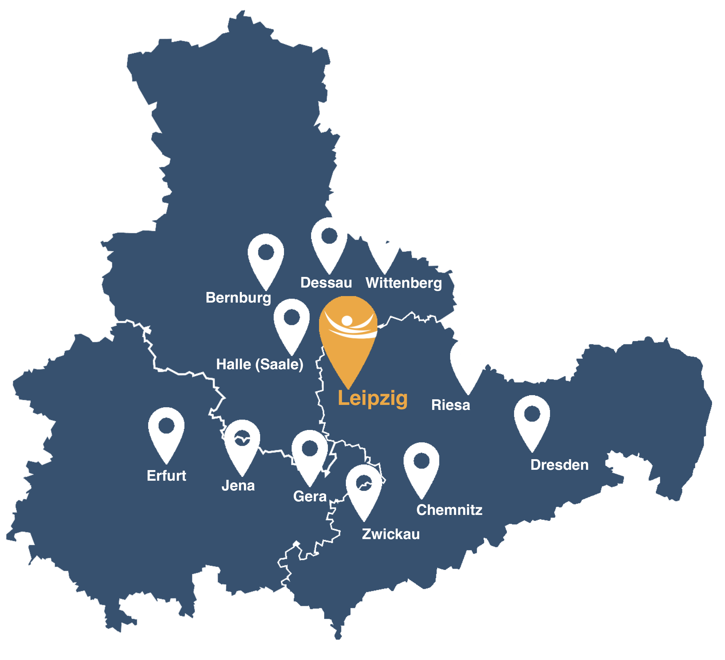 Karte des Einzugsgebiets mit Leipzig als Hauptstandort und weiteren Städten wie Dresden, Chemnitz, Halle, Erfurt und mehr