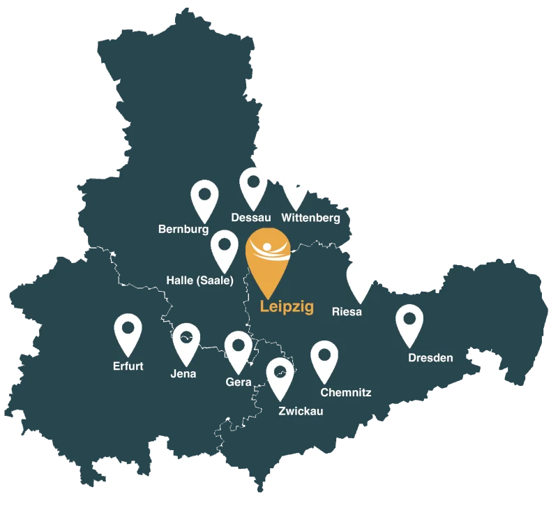 Karte des Einzugsgebiets mit Leipzig als Hauptstandort und weiteren Städten wie Dresden, Chemnitz, Halle, Erfurt und mehr